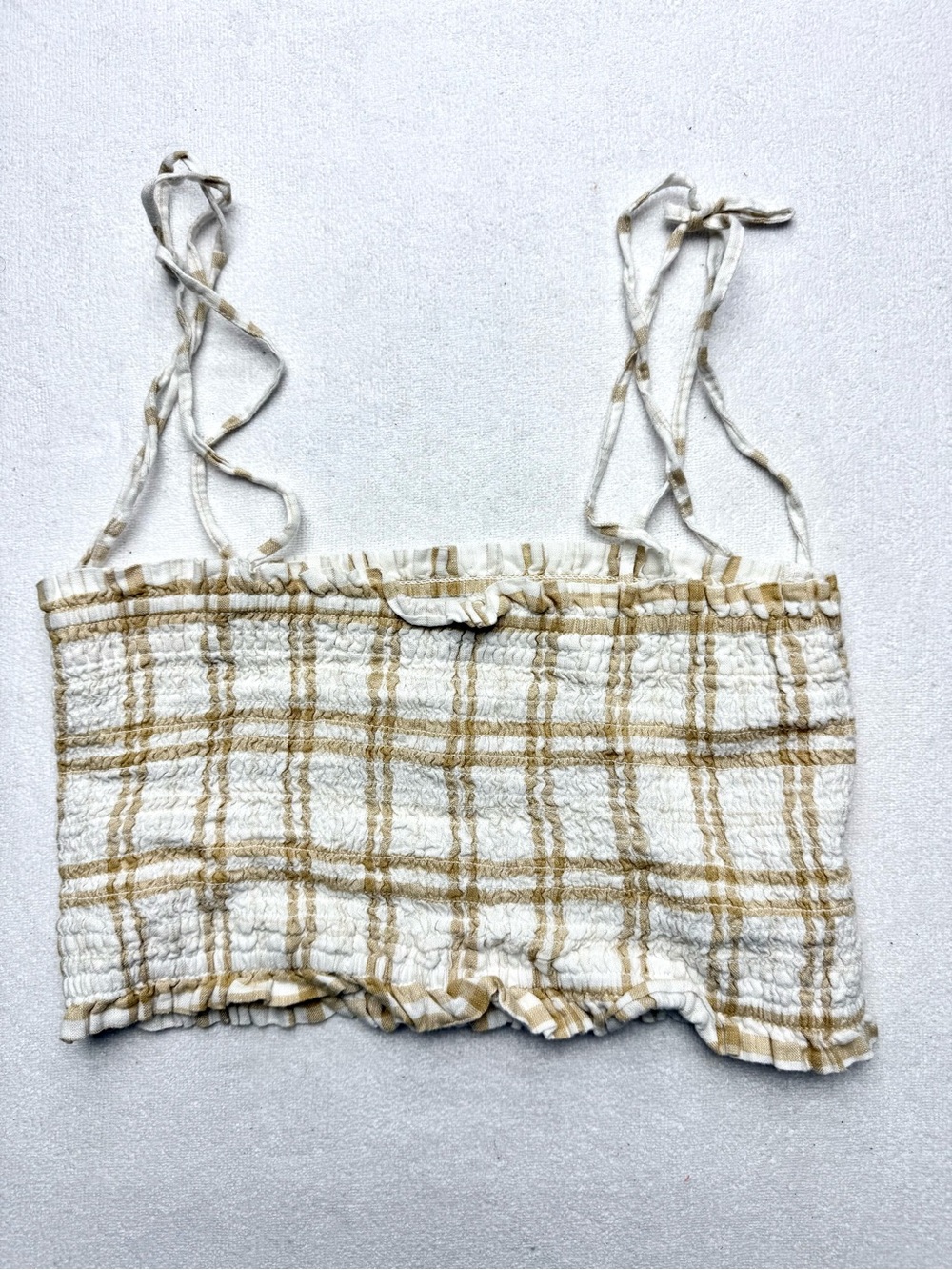 American Eagle Outfitters Cream & Tan Plaid Smocked Tie-Shoulder Crop Top